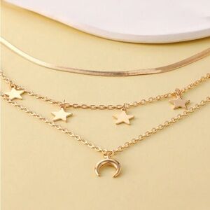 18K Gold Moon & Stars Celestial Bohemian Vintage Style Layered Necklace No Fade